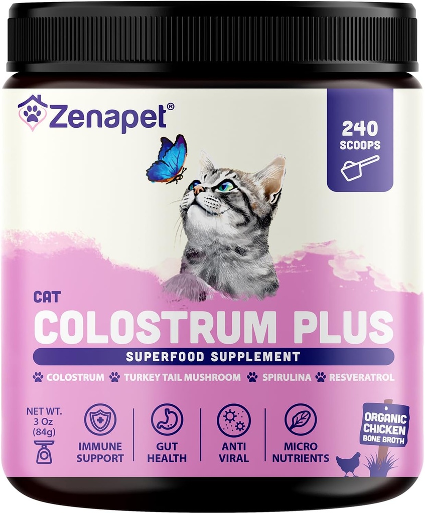 ZENAPET Cat Colostrum Plus Premium Powder Topper, Immun & fordøjelsessundhed supplement, 240 Servere (8-måned Tilgang), Understøtter Hud & Coat, Made in USA