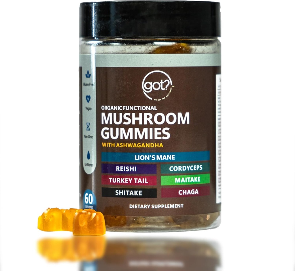 Mushroom Gummies Dagligt tillæg med Ashwagandha - Lions Mane, Tyrkiet Hale, Reishi, Cordyceps, Chaga - Mega 10 Blend Nootrop Organic Mushrooms - Energi, Fokus, Hukommelse og immunforsvar - 60ct