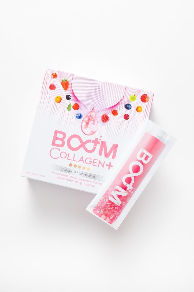 Generisk BOOM COLAGEN PLUS OVER 30 ANTIOXIDANTS- ANTI- REJSEDRINK for BEAUTIFUL SKIN 14 SACHETS i BOX, Pink / White