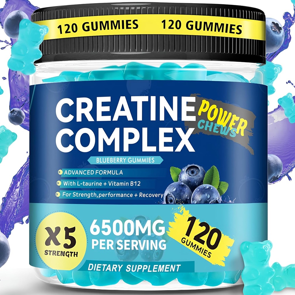 Creatin monohydrat Gummies 6500mg per servering for mænd og kvinder - 120 Gummies X5 Styrke Sukker Free Chewable Creatin for muskel Builder, Muskelstyrke, Pre- workout Supplement (Blåbær)