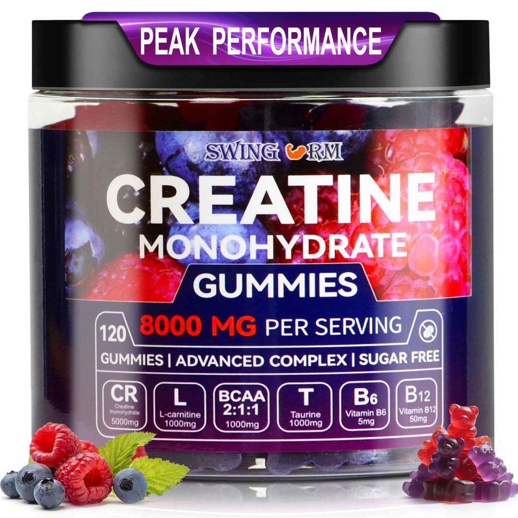 Creatin monohydrat Gummies 6500mg per servering for mænd og kvinder - 120 Gummies X5 Styrke Sukker Free Chewable Creatin for muskel Builder, Muskelstyrke, Pre- workout Supplement (Blåbær)