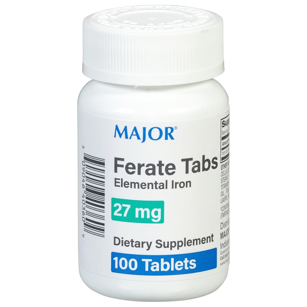 Major 27 mg ferat Tabs - Ferrogluconat Elementalt jerntilskud - 100 greve (1 pakke)