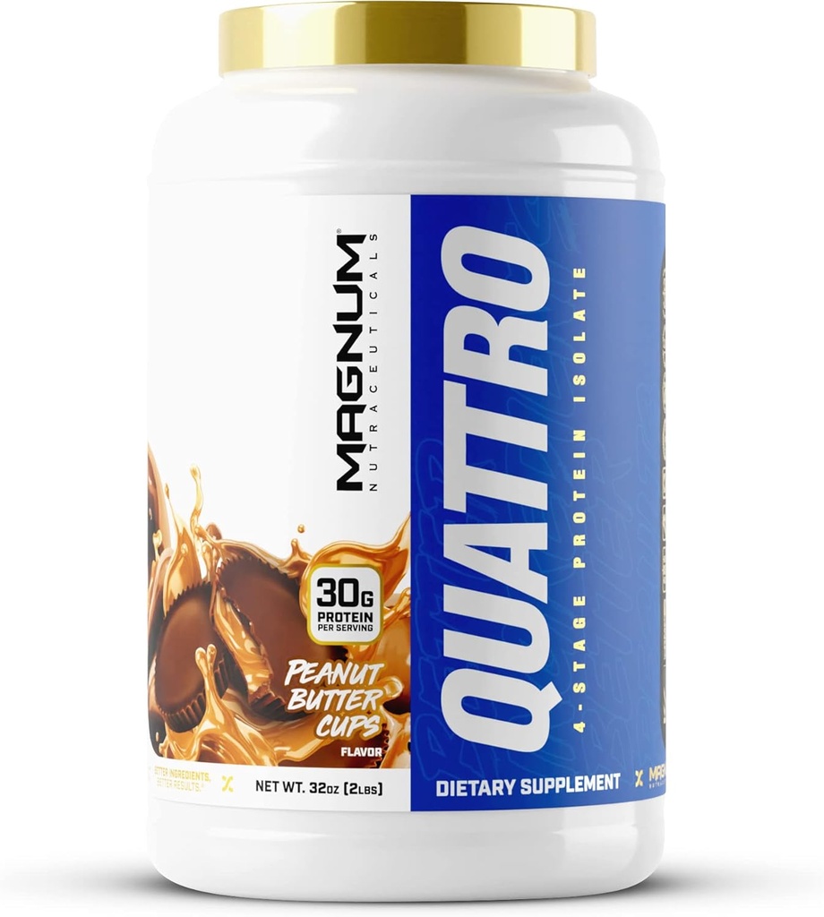 Magnum Nutracatives Quattro Whey Protein Powder, Peanut Butter Cup 2lb - Premium Protein Isolate Blend for muskel vækst og inddrivelse