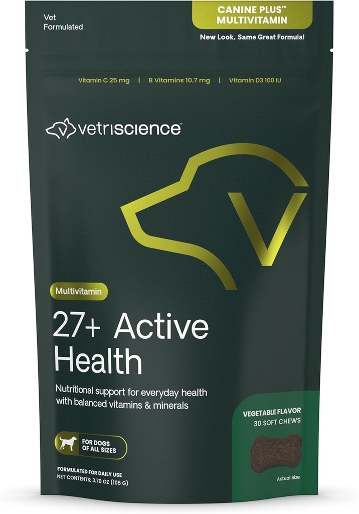 VetriScience 27 + Aktive Health Chews, Canine Plus Daglig Multivitamin til hvalpe og voksne hunde, Balancerede Vitaminer, Mineraler & Antioxidanter, Sundhed og Wellness Support, Veggie, 30 Greve