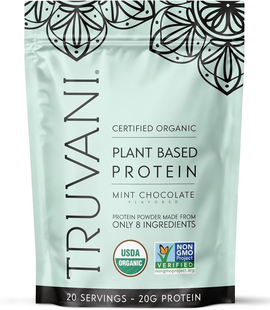 Truvani Vegan Pea Protein Powder • 124; 20g Organic Plant- Based Protein • 124; Keto • 124; Gluten & Dairy Free • 124; Lav Carb • 124; Ingen tilsat sukker • 124; Mint Chokolade • 124; 20 Servering • 124;
