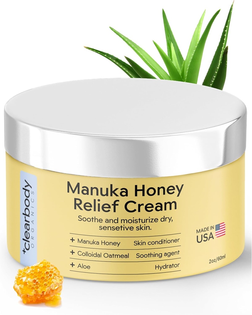 Clearbody Organics Manuka Honey Cream - 2 fl oz, Pack of 1 - Lindrende Eksem Cream - Dyb hydrering med kolloid havregryn - Instant Manuka Relief for tør, Itchy Skin