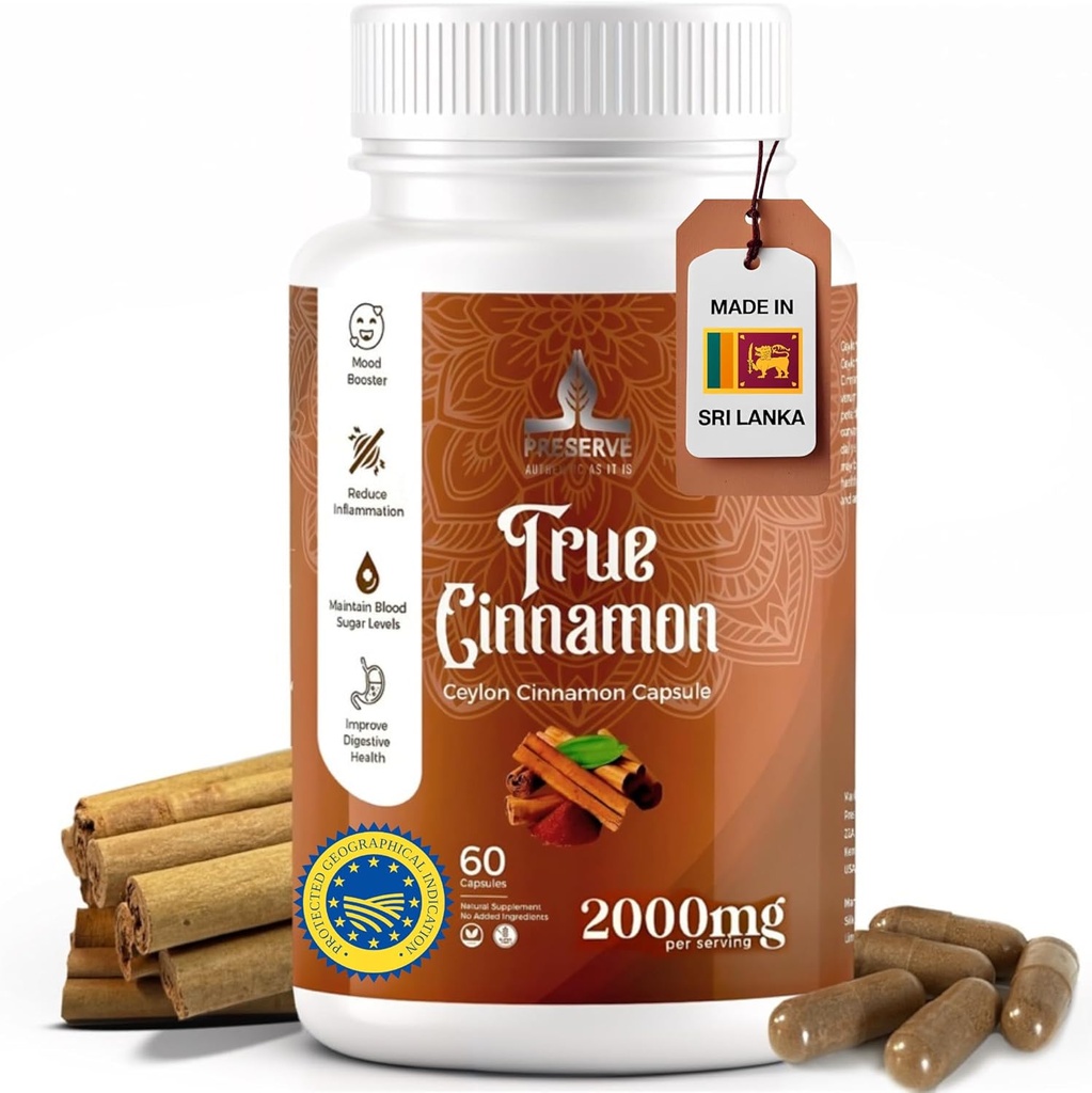 Pure Ceylon Kanel Kapsler, 2.000mg, To Måned Supplementet 124; Lavet i Sri Lanka Note 124; Non- GMO, Gluten- Free, True Cinnamomum fra Sri Lanka, 100% Pure Cinnamon (NOT Mix with Cassia).