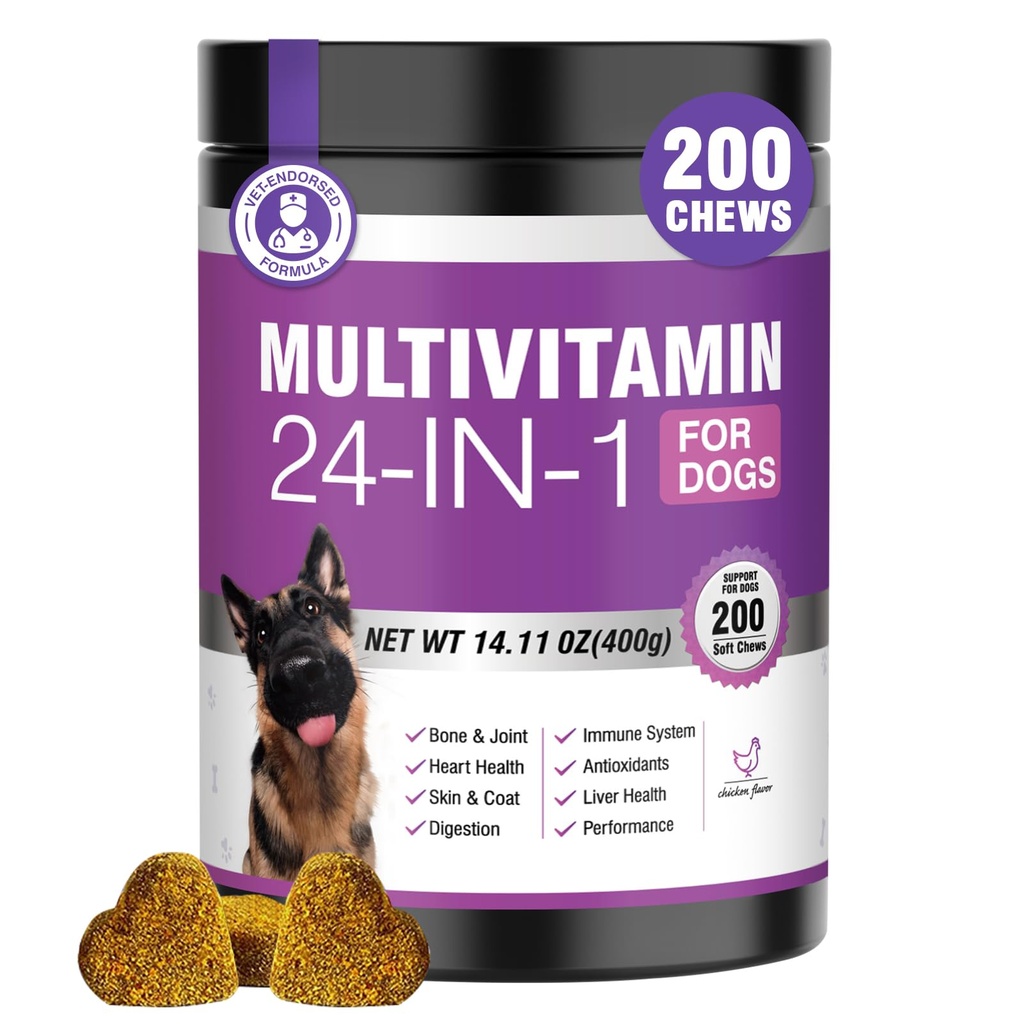 24- in-1 Hundevitaminer og kosttilskud 200 Ct Hunde Multivitamin Chewable Contain Chondroitin Probiotics Omega-3 Glucosamin til hunde hudcoat hjerte Gut Lever Brain Eyes immunforsvar - kylling