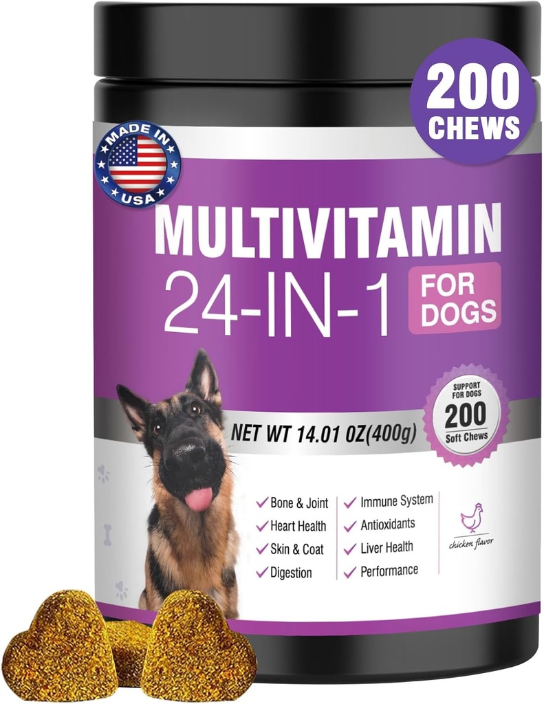 24- in-1 Hundevitaminer og kosttilskud 200 Ct Hunde Multivitamin Chewable Contain Chondroitin Probiotics Omega-3 Glucosamin til hunde hudcoat hjerte Gut Lever Brain Eyes immunforsvar - kylling