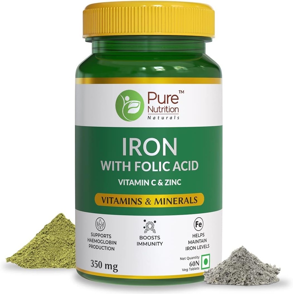 Naturals Jern med folinsyre, zink, vitamin C & vitamin B12 til støtte Hæmoglobin produktion, Boost Immunitet & vedligeholde jernniveau - 60 Veg tabletter