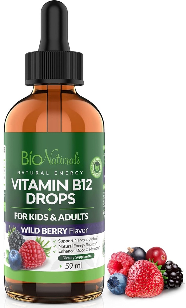 Bio Naturals Vitamin B12 Liquid Drops for voksne & Børn - 100% Natural Sublingual Methylcobalamin - Højeste Absorption - Energy & Brain Booster Hjælper med Træthed & Svaghed - Wild Berry - 2 fl oz