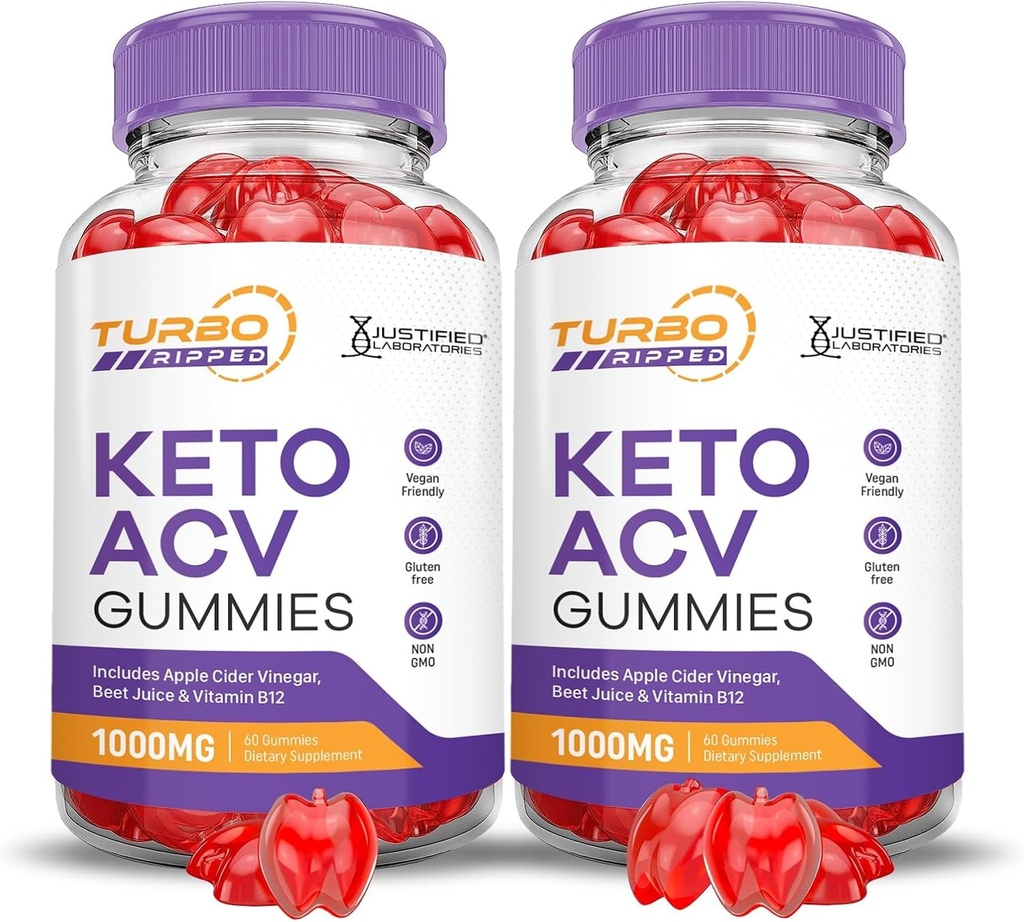 Justified Laboratories (2 Pack Turbo Ripped Keto ACV Advanced Formel 1000MG Keto Apple Cider Vinagar Formuleret med Pomegranat Beet Juice Powder B12 Vegan Non GMO 120 Gummies