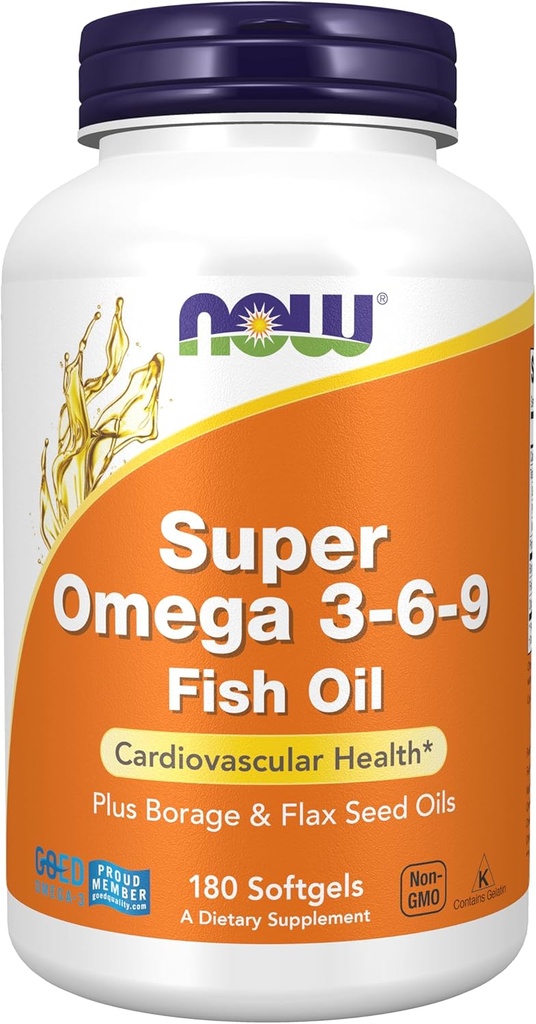 Now Foods Supplements, Super Omega 3-6-9 1200 mg med en blanding af fisk, boringer og hørfrø olier, 180 Softgels