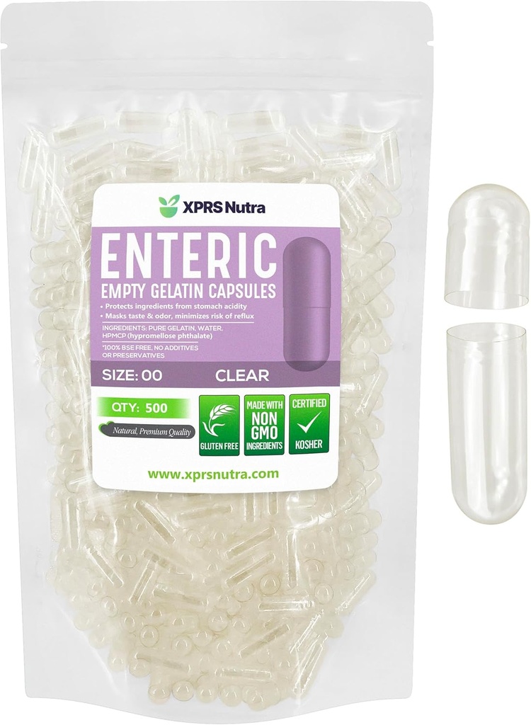 XPRS Nutra Size 00 Empty Capsules - 500 Count Clear Enteric Coated Empty Gelatin Capsules - Delayed Release Pills - DIY Capsule Filling - Pure Bovine Empty Enteric Gel Caps