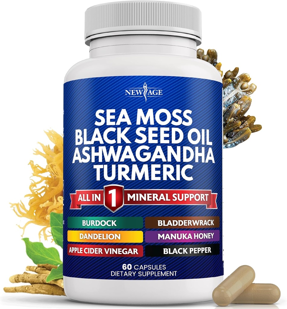 NEW AGE Sea Moss Black Seed Oil Ashwagandha Turmerisk Bladerwrack Burdock - med Manuka, Honning Mælkebøtte, ACV Black Pepper Gluten Free