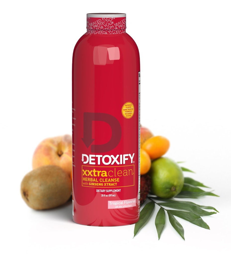 Detoxify - Xxtra Clean Herbal - Tropical Fruit Flavor - 20 oz - Professionelt Formuleret Ekstra Styrke Herbal Detox Drink - Forbedret med Ginseng Extract & Milk Thistle Extract - Plus Sticker