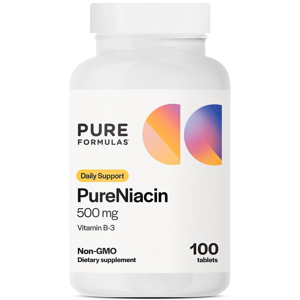 PureFormulas Pure Niacin - vitamin B3, 500 mg Umiddelbart frigive Niacin 500mg - Nicotinsyre 100 tabletter - Non- GMO B3 Vitamin Niacin supplement