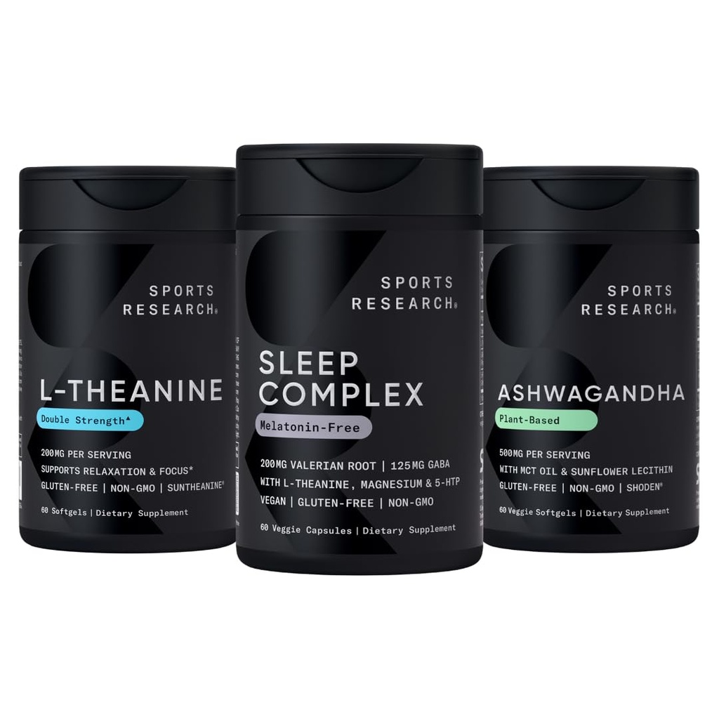 Sports Research Sleep Complex Melatonin- Free Vegan Capsules, Double Strength L- Theanine Supplement for Fokus, Afslapning & Alerness og Ashwagandha Softgels for Afslapning, Ro & Sleep Support