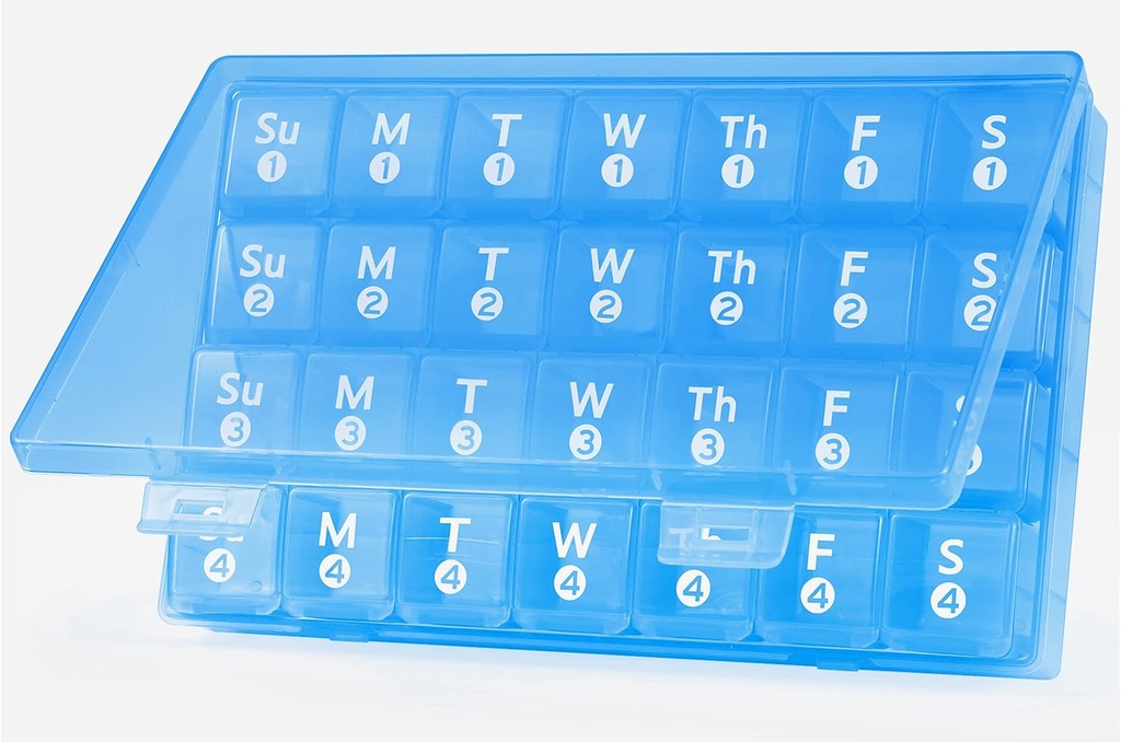 Stor Månedlig Pill Organizer, 28 Dag Pill Box 1 gang om dagen, 4 Uger en Måned Pill Case Container, Travel Friendly Medicine Organizer for Vitaminer, Fiskeolier, Kosttilskud