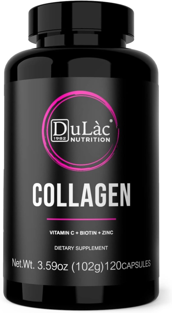 Dulàc - Collagen Pills + Hyaluronsyre, Lavet i Italien, 120 kapsler af Collagen og Hyaluronsyre, Biotin, Zink, Selen - Hud, Joints, Bones