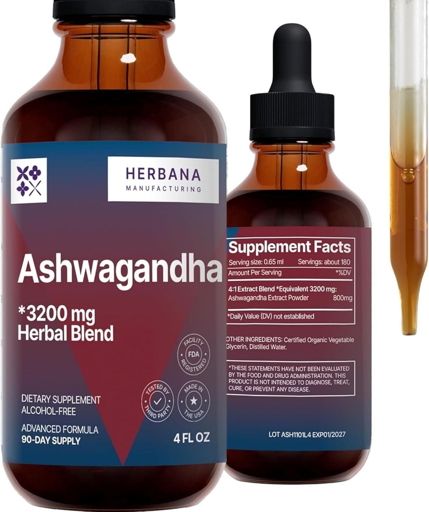 HERBANA FREMSTILLING Ashwagandha Flydende Drops Uddrag - Muscle Recovery Tinktur - Withania Somnifera Drops - Høj potens