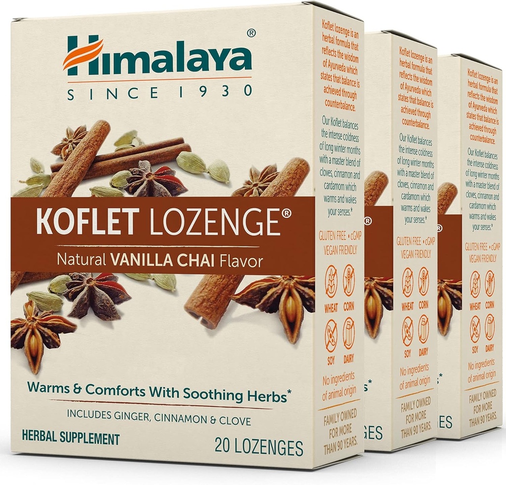 Himalaya Koflet Lozenges, Vanilla Chai Flavor, Natural Herbal Hough Drop for Warming Relief og Linding Comfort, 130 mg, 20 Lozenges, 3 Pack