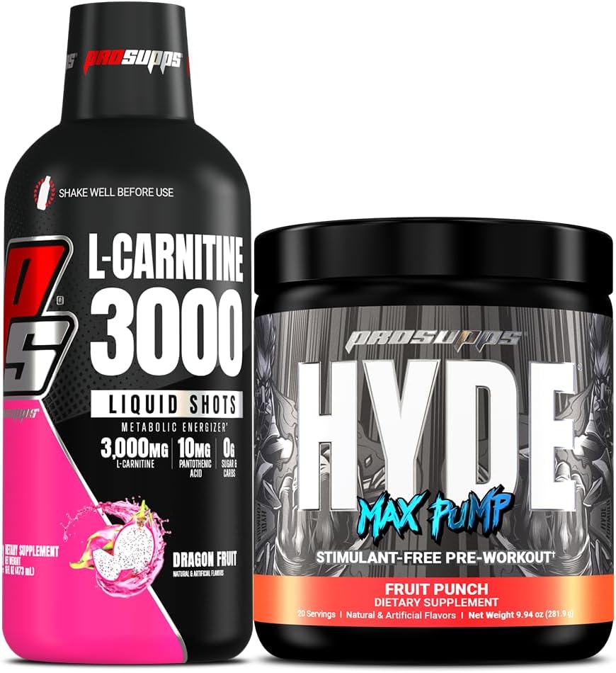 PROSUPPS L- Carnitin 3000 Stimulant Free Liquid Shots (Dragon Fruit) og Hyde Max Pump Pre Workout for mænd og kvinder (Fruit Punch) Bundle