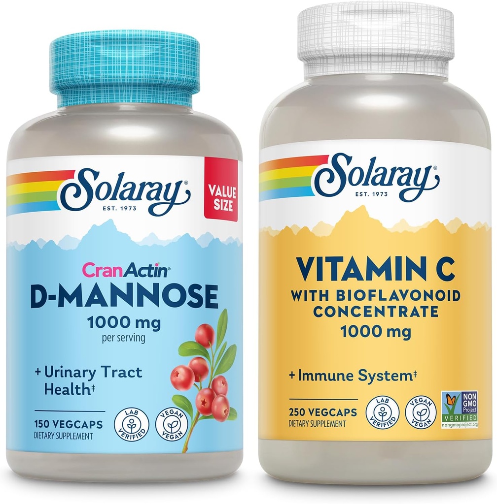 SOLARAY D- Mannose 1000mg med CranActin Cranberry Extract (150ct) og C-vitamin 1000mg med Bioflavonoider (250ct) - Urinspor, Bstige sundhed og immunforsvar bundle - Vegan, 60 dages garanti