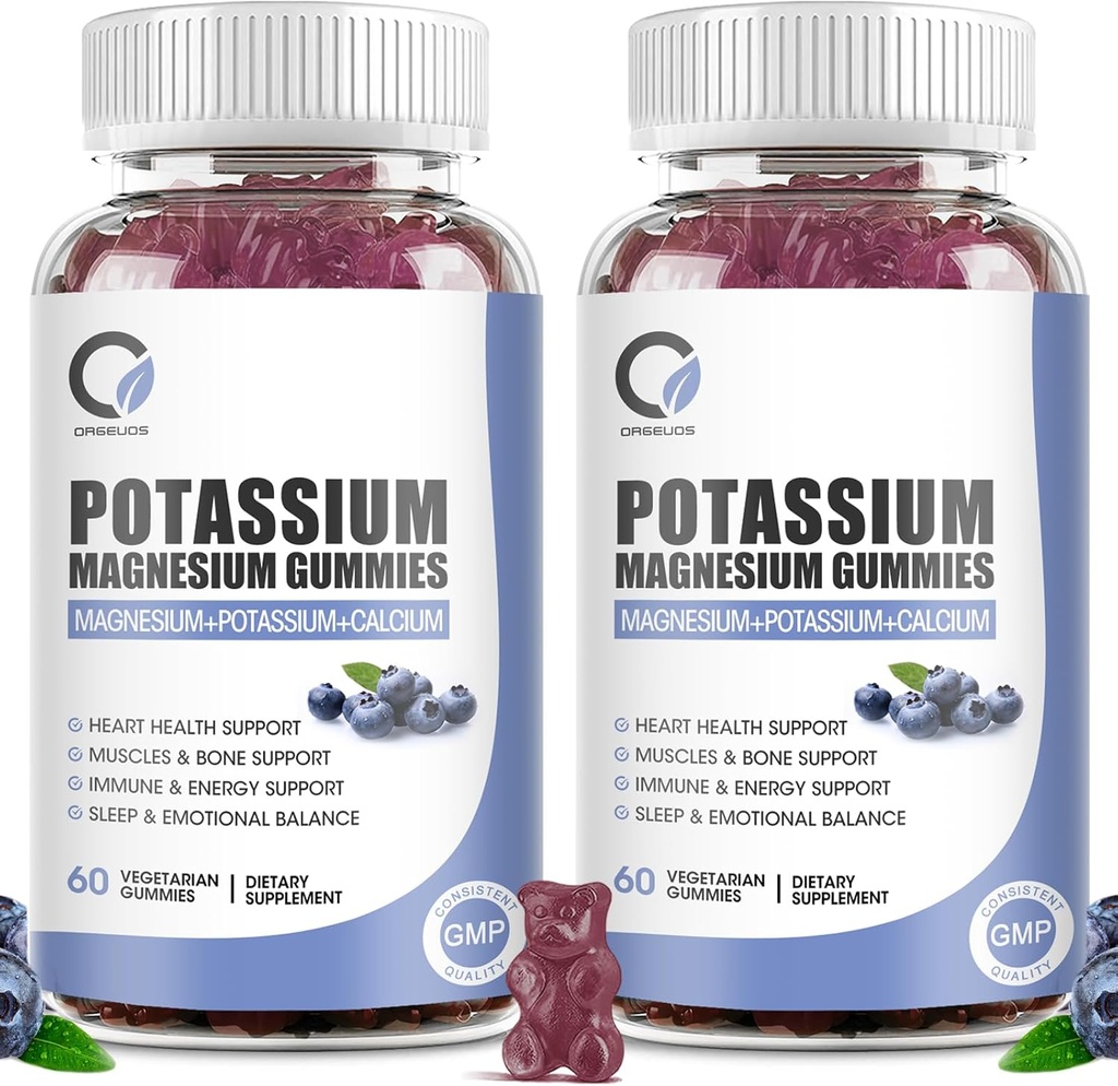 2 Pack Kalium Magnesium Gummier med Kalium Eryl 200 mg, Magnesium Glycinat 320 mg Plus Calcium, Zink, Vitamin - Kalium Kosttilskud til ben kramper, hjerte, Muskler Health Support