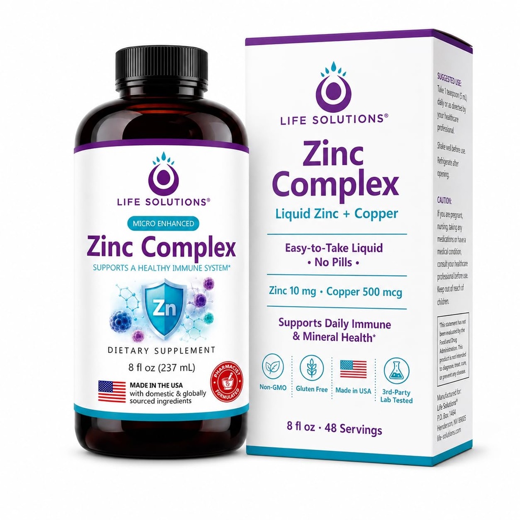 Life Solutions Zink Complex - Zink Gluconat og kobber Gluconat for optimal immunforsvar & sundhed - High Absorption Formel - Flydende 8oz-