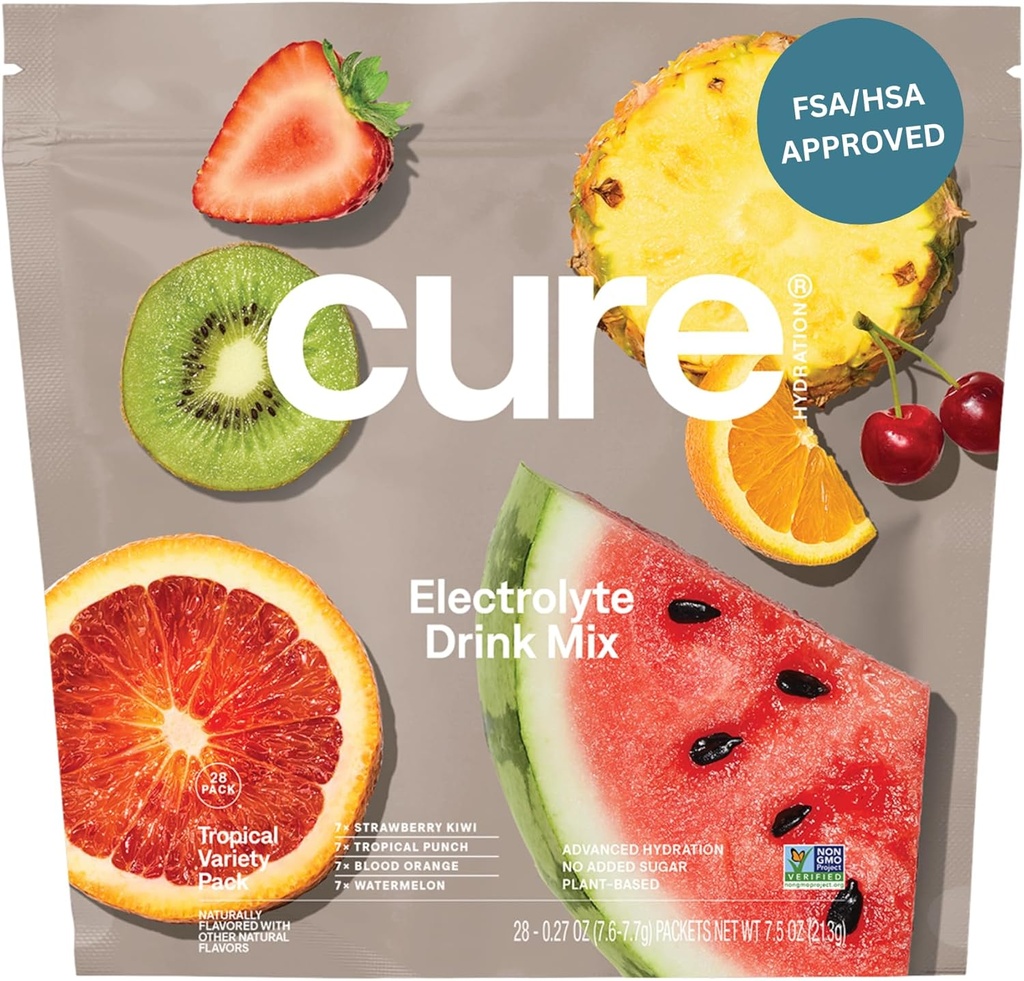 Cure Hydration | Plant-Based Electrolyte Drink Mix | No Added Sugar | FSA-HSA | Dehydration Relief Powder Made with Coconut Water | Non-GMO | Vegan | 28 Packets - Tropical Variety Pack