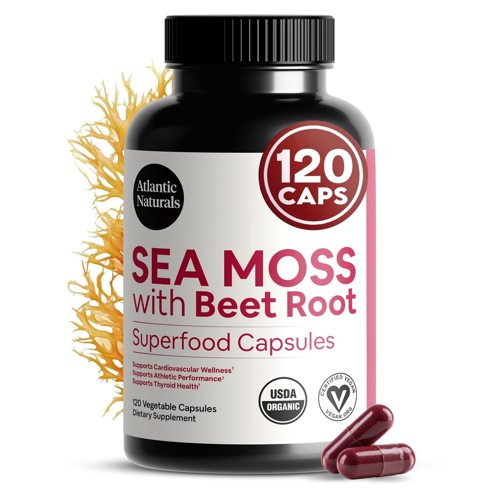 Atlantic Naturals Sea Moss med Beet Root Capsules - Premium Quality Multivitamin Supplement - Sea Moss Superfood til støtte immunsundhed, blodgennemstrømning, fælles sundhed & atletiske ydeevne - 120 ct