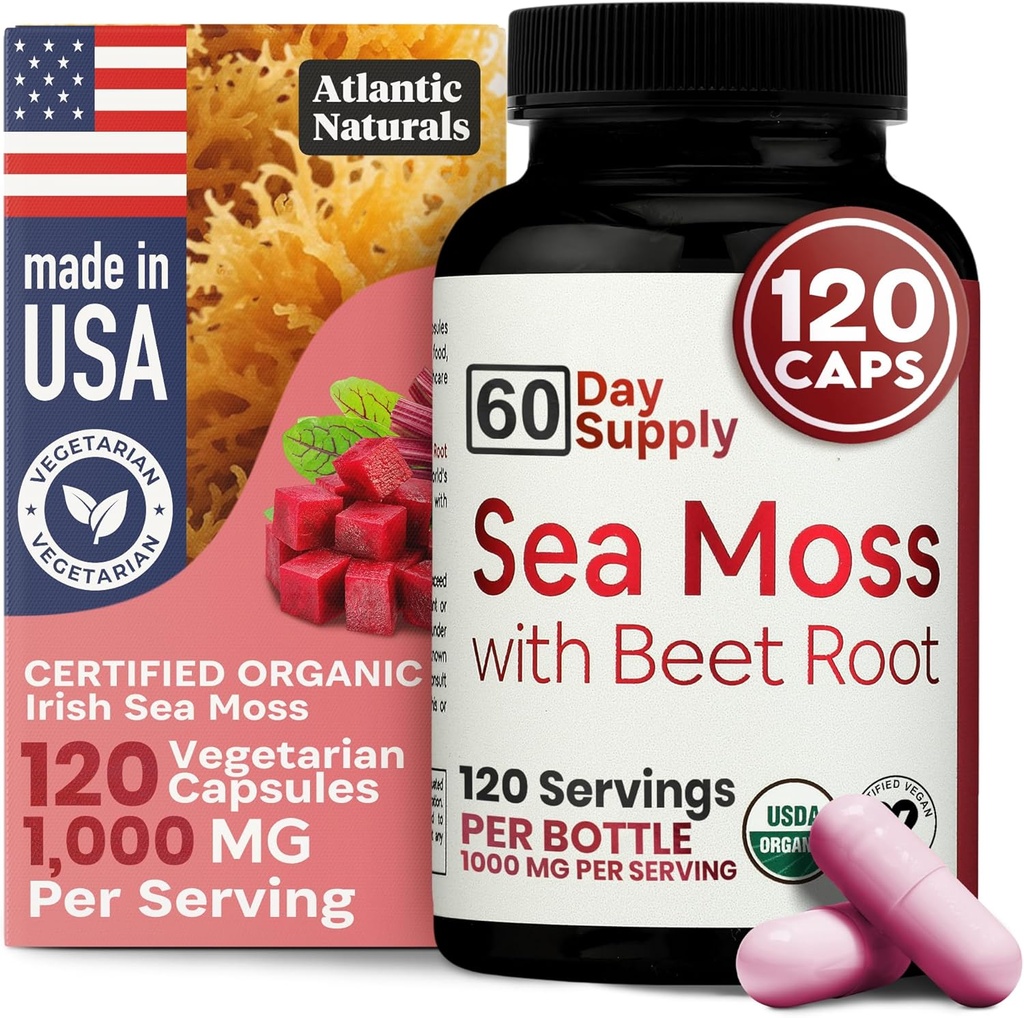 Atlantic Naturals Sea Moss med Beet Root Capsules - Premium Quality Multivitamin Supplement - Sea Moss Superfood til støtte immunsundhed, blodgennemstrømning, fælles sundhed & atletiske ydeevne - 120 ct