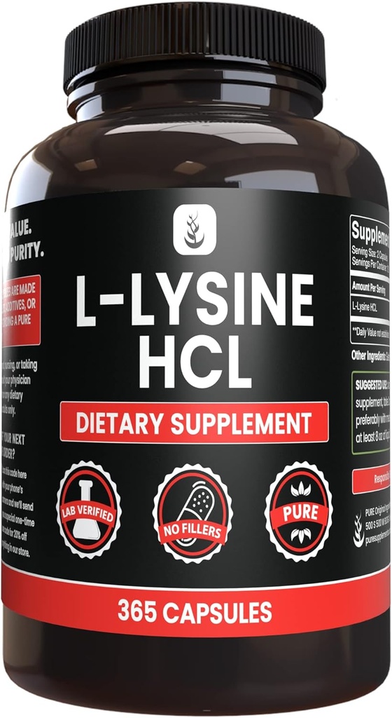 PURE ORIGINAL INGREDIENTS L-Lysine HCl (365 Capsules) No Magnesium Or Rice Fillers, Always Pure, Lab Verified