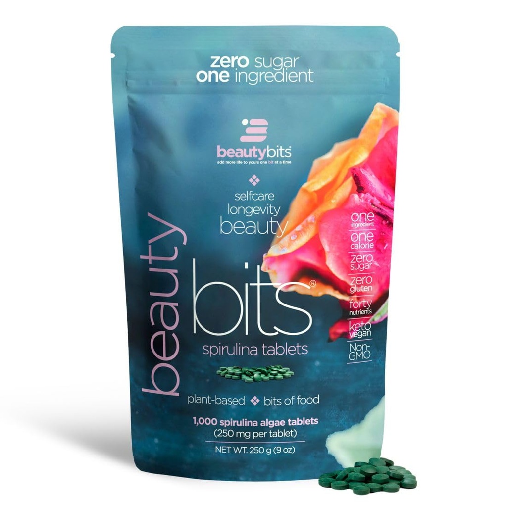 BEAUTYBIts - Organic Spirulina Tablets - Alger Superfood - Collagen, Protein, Chlorophyll - Hår, negle, & hudpleje - Vegan, Keto, Gluten Free - Selvpleje - Skincare Beauty Gaver - 1000 Tablet Bag