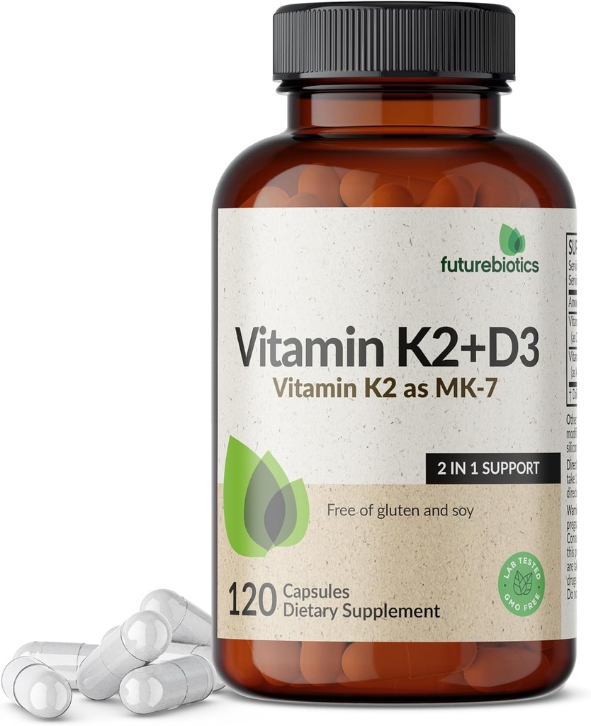 Futurebiotika Vitamin K2 (MK7) med D3 Supplement - Non- GMO Formel - 5000 IE Vitamin D3 & 90 mcg Vitamin K2 MK- 7, 120 Vegetariske kapsler