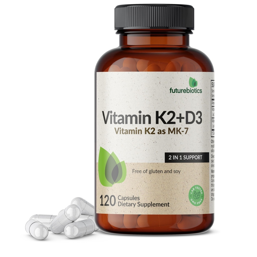 Futurebiotika Vitamin K2 (MK7) med D3 Supplement - Non- GMO Formel - 5000 IE Vitamin D3 & 90 mcg Vitamin K2 MK- 7, 120 Vegetariske kapsler