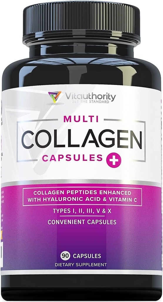 Multi Collagen Peptider kapsler til kvinder - Hydrolyzed Collagen til kvinder piller med type I II III V & X Plus C-vitamin & hyaluronsyre til smukke hår hud og negle - 30 Servere