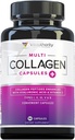Multi Collagen Peptider kapsler til kvinder - Hydrolyzed Collagen til kvinder piller med type I II III V & X Plus C-vitamin & hyaluronsyre til smukke hår hud og negle - 30 Servere