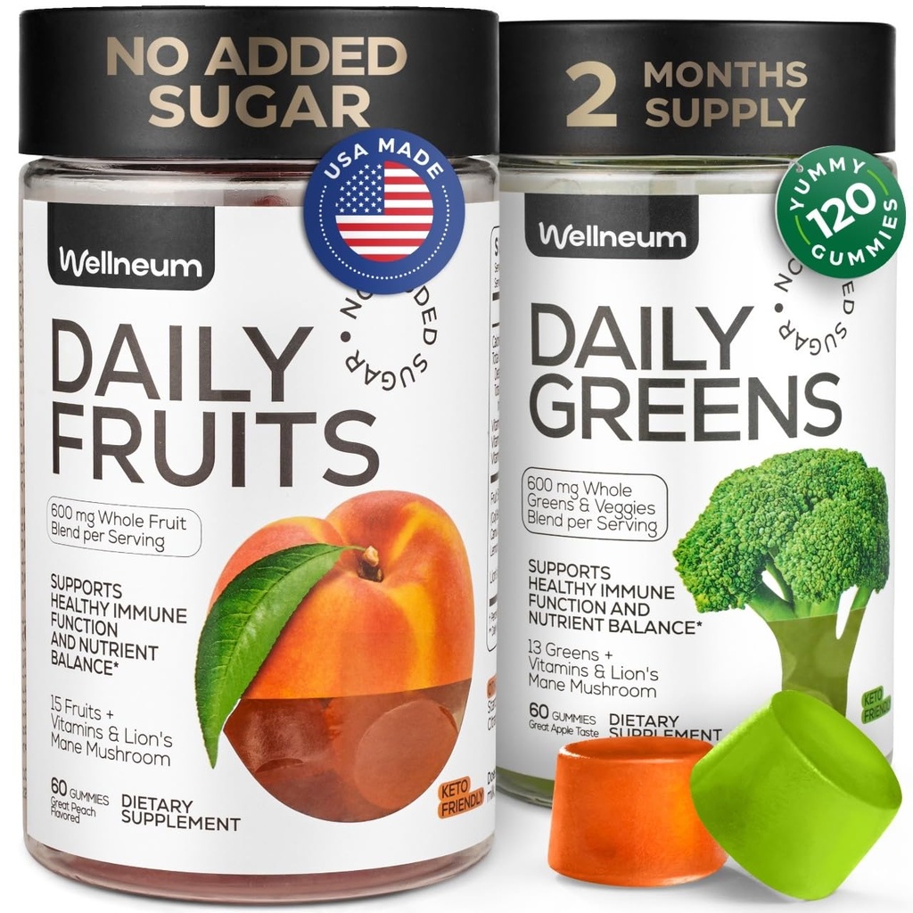 Super Fruit Super Green Gummies for voksne 120 stk. (2 Pack) - Daily Green vegetabilsk Gummies for Immunity Health, Energy, Nutrient Balance - 600 Mg Frugt Blend, 600 Mg Veggies Blend - Sukker fri