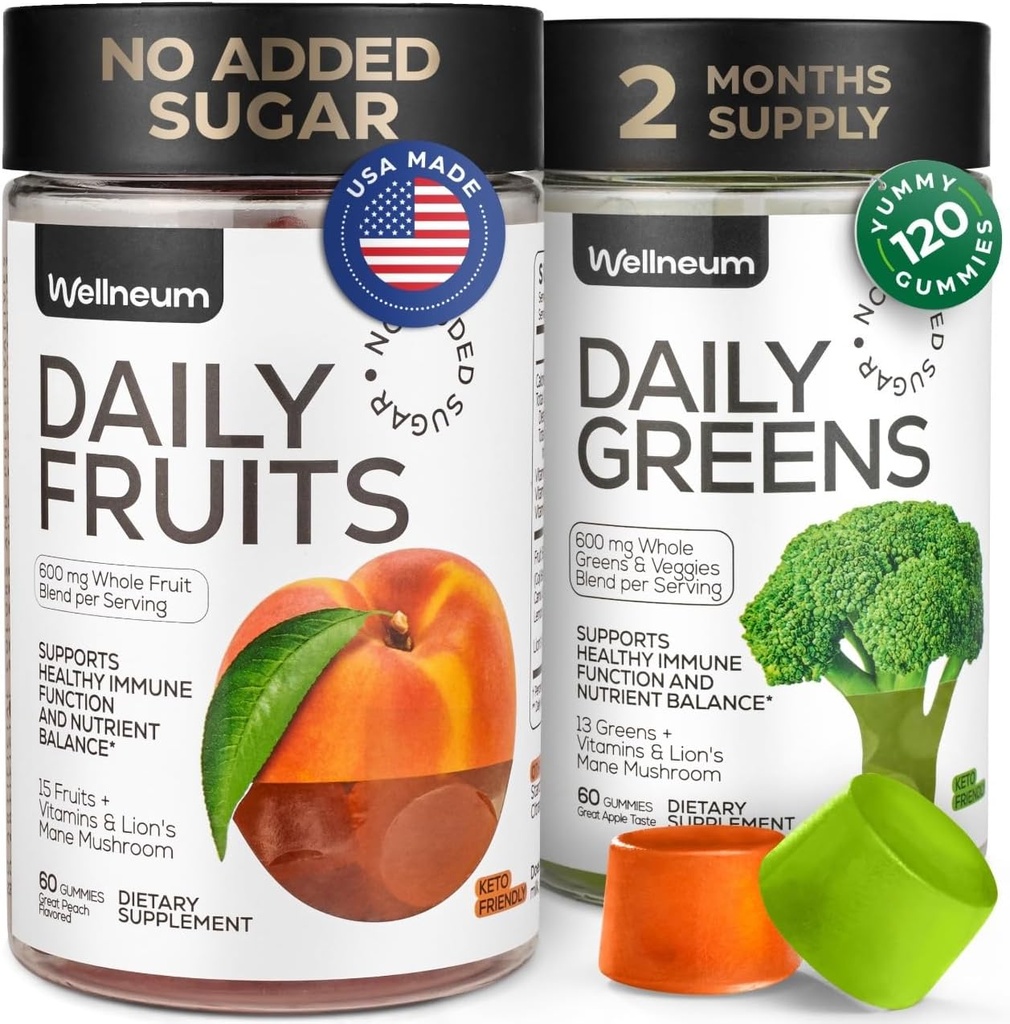 Super Fruit Super Green Gummies for voksne 120 stk. (2 Pack) - Daily Green vegetabilsk Gummies for Immunity Health, Energy, Nutrient Balance - 600 Mg Frugt Blend, 600 Mg Veggies Blend - Sukker fri