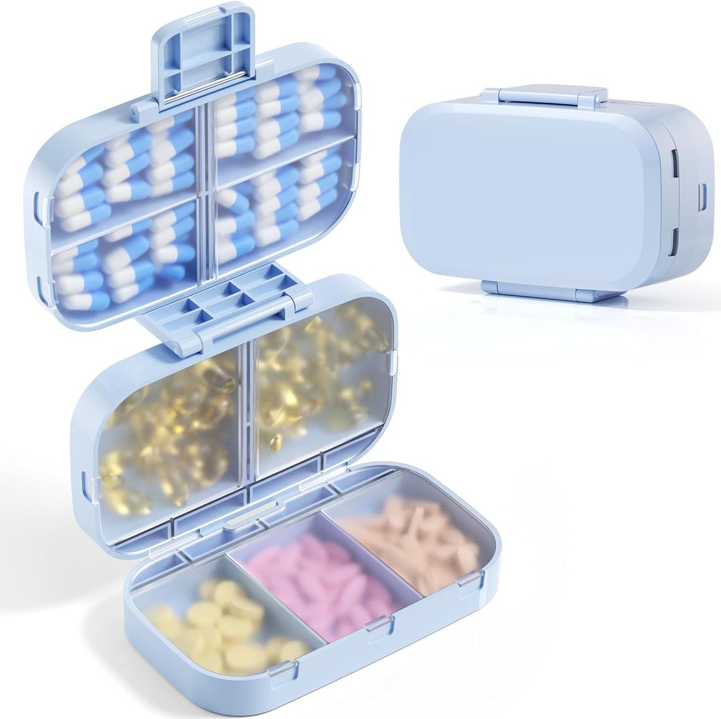 MEACOLIA Triple Folding Pill Organizer, 9 Compartments Travel Pill Case med stor kapacitet, Daily Pill Box Lille Pill Container til Vitamin, Torskelever Olie, Kosttilskud (blå)