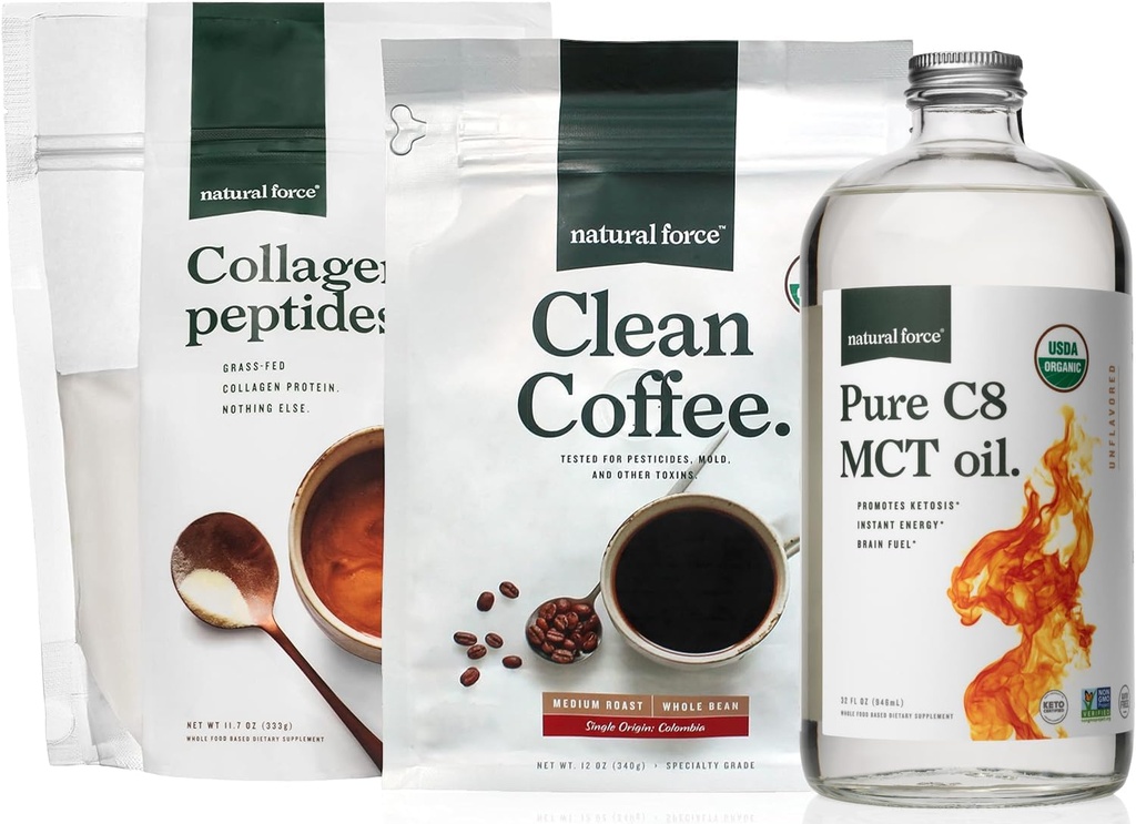 Natural Force Organic Clean Coffee, Collagen Peptider, og Pure C8 MCT Oil Bundle - Toxin Free Coffee, Grass Fed Collagen, & MCT - Non-GMO, Keto, & Paleo - 12 Oz, 11.7 Oz, 32 Oz