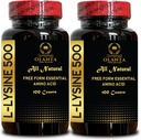 L-LYSINE 500 - L- Lysin 500mg, for Sund immunfunktion, Understøtter Collagen Syntese, Soy- Free, Gluten- Free, Non- GMO, Lysin Supplement Understøtter Sund Lip og Oral Tissue - 2 flasker 200 tællinger