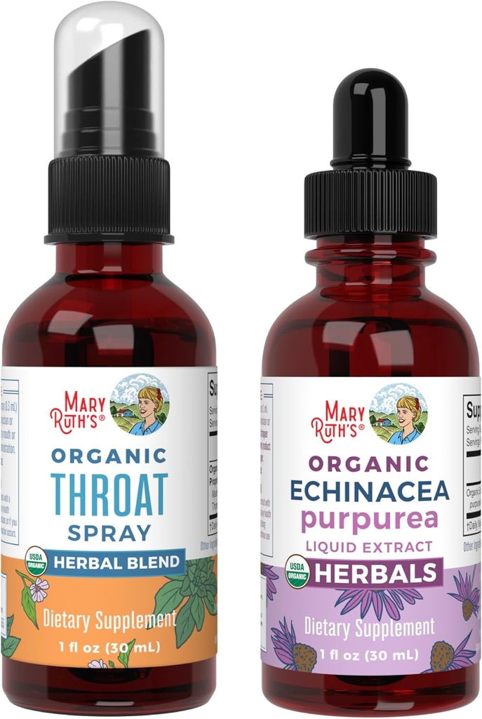 MaryRuth Organics Throat Spray (Unflavored) & Echinacea Purpurea Drops • 124; USDA Organic, Clean Label Project Verified ® - 124; Vitaminer for That Relief, Immunitet & Samlet sundhed • 124; Vegan, ikke-GMO