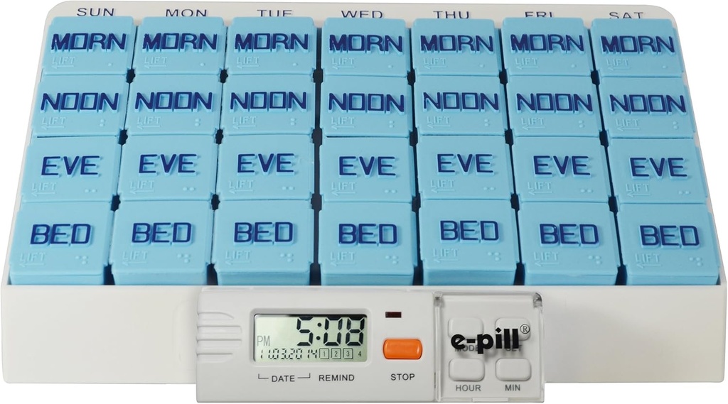 e- Pill 4 gange en dag x 7 dag Stor Ugentlig Pill Organizer, Vitamin og Medicin Pillbox - med Reminder