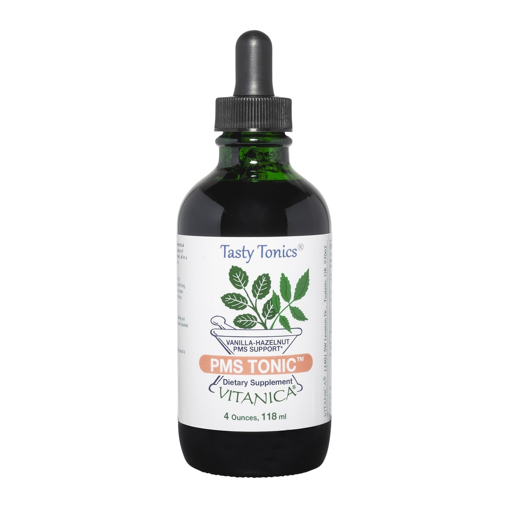 Vitanica PMS Tonic, Premenstrual Support and Relief, Saint Johns Wort, Dong Quai, Chaste Tree Berry, Wild Yam og mere, Vegan, 4 Ounce