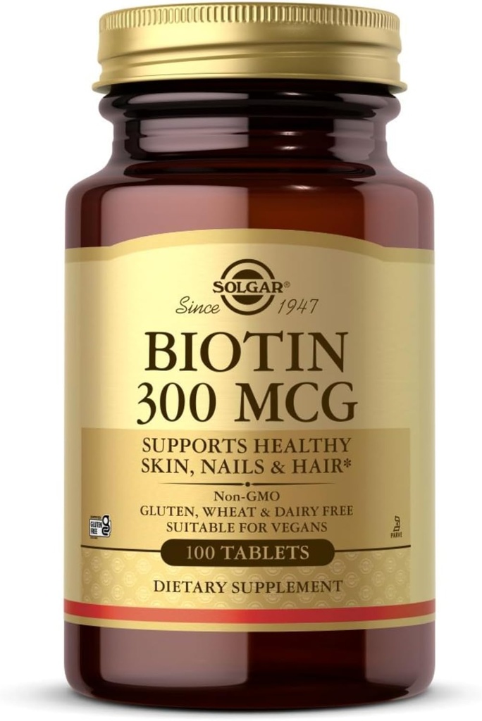 Solgar Biotin 300 mcg - 100 tabletter - Understøtter sund hud, negle og hår - ikke-GMO, Vegan, Gluten Free, Dairy Free, Kosher - 100 Servere