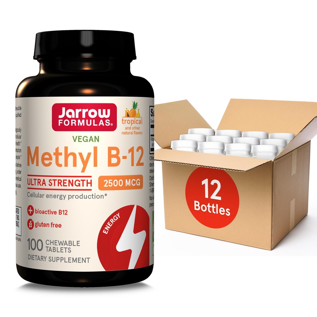 Jarrow Formulas Ultra Strength Methyl B- 12, Kosttilskud til Cellular Energy Production, 100 Tropical- Flavored Chewable Tablets, Op til en 100 dages forsyning, pakke med 12