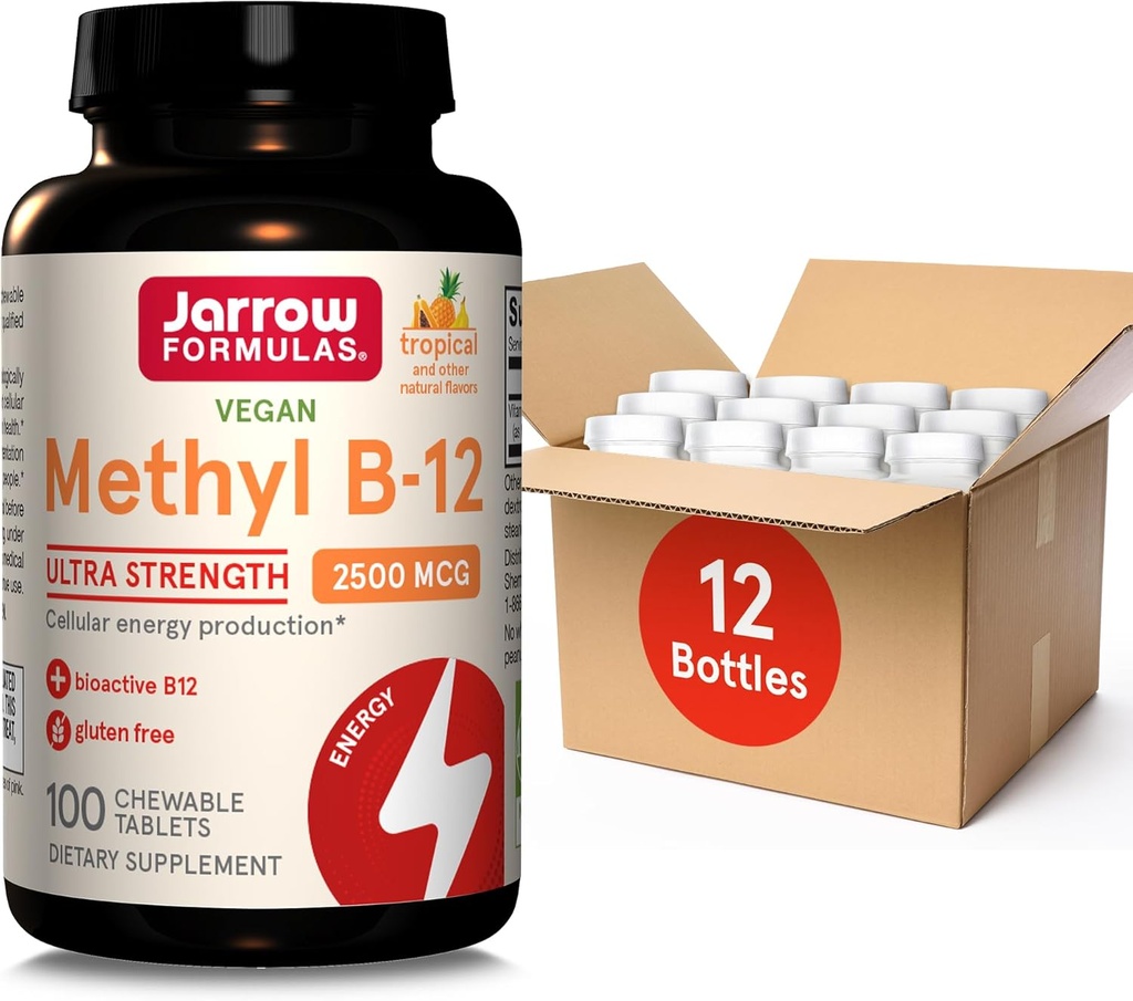 Jarrow Formulas Ultra Strength Methyl B-12, Dietary Supplement for Cellular Energy Production, 100 Tropical-Flavored Chewable Tablets, Up to a 100 Day Supply, Pack of 12